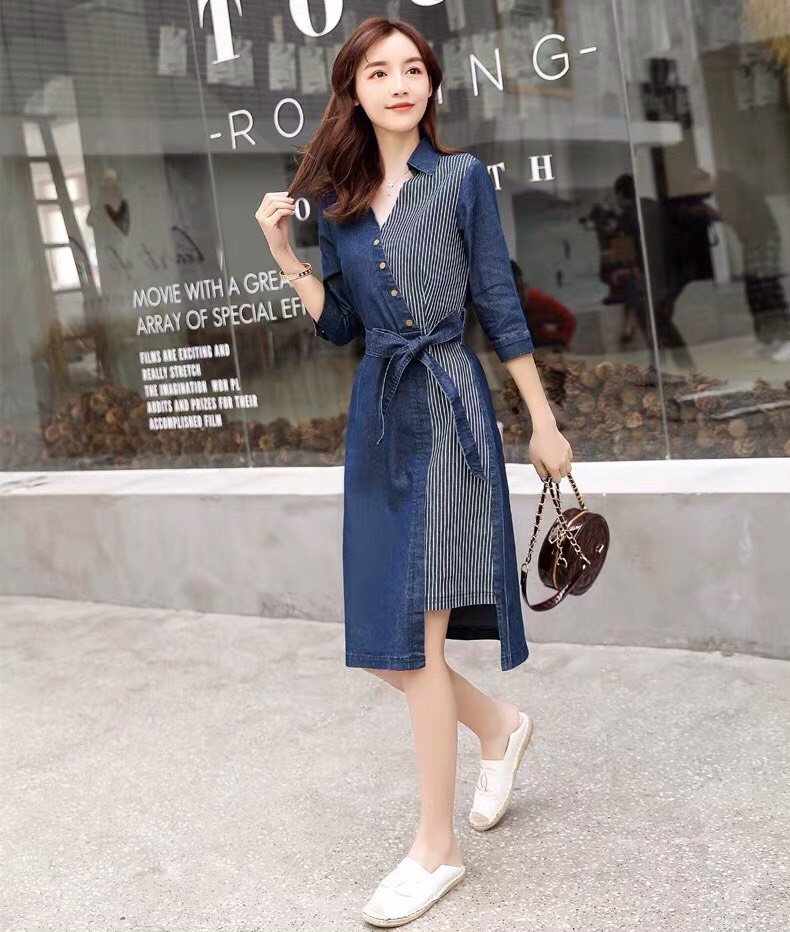 ĐẦM JEAN CỔ SƠ MI PHỐI SỌC THẮT NƠ EO
